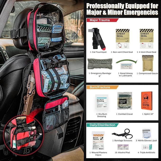 RHINO RESCUE Vehicle IFAK Trauma Kit with C-A-T Tourniquet, Tactical First Aid Kit Molle Pouch Red