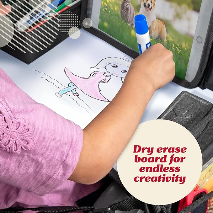 Lusso Gear Travel Car Seat Tray - Dry Erase Board & Secure Tablet Holder for Toddler Travel - Durable 600D Oxford Cloth with Snack & Toy Compartments for Road Trip Essentials for Kids - Pink Unicorn