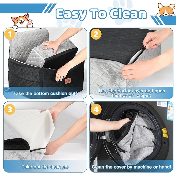 Dog Car Seat for Small Medium Dogs Up to 40 lbs – Dog Booster Seat with 6-Inch Memory Foam, Pet Car Seat with Removable Washable Cover, 3 Safety Belts & 2 Storage Bags (Black/Gray)