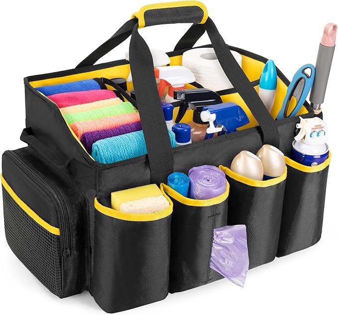 Extra-Large Cleaning Caddy Organizer with Handle, Cleaning Supplies Tote Bag Built-in Support Boards, Cleaning Tool Organizer for Cleaners, Housekeepers, Kitchen Cleaning Supplies