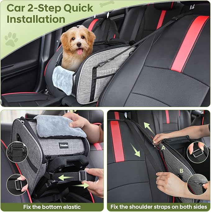 Dog Car Seat for Small Dog - Center Console Dog Car Seat with Double Protection Safety Belt and Non-Slip Bottom, Portable Pet Booster Seat with Washable Cushion & Storage Pocket, Grey
