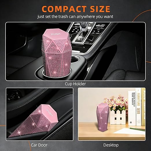 NBTEPEM Bling Car Trash Can with Lid, Bling Car Accessories Trash Bin, Leakproof Auto Garbage Can with 30 Trash Bags, Multipurpose Organizers and Storage for Home, Office (Pink Diamond)