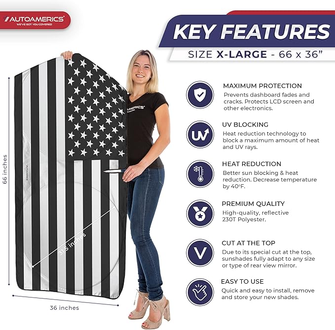 Autoamerics Truck Windshield Sun Shade with Storage Pouch & Anti-Slip Dashboard Pad - Foldable B&W American Flag Design Sunshade - Blocks Max UV Rays, Keeps Vehicle Cool | X-Large (66 x 36 inches)