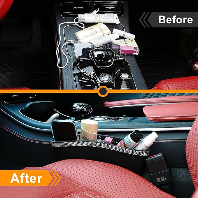 eing 2 in 1 Car Seat Gap Organizer, Front Car Seat Crevice Storage Box, Car Seat Gap Filler with Crystal Diamonds, Adjustable Storage Pocketsfor Glasses, Keys and Phones, 2 - Pack White