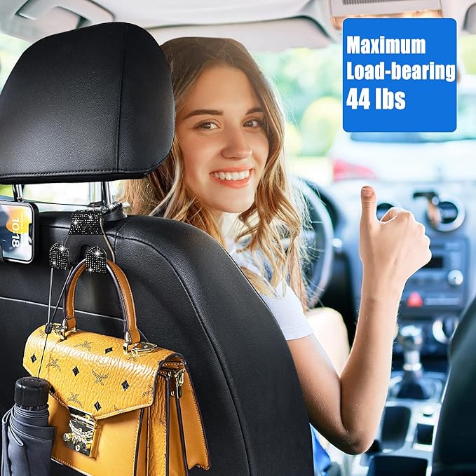 MTGOCHA Bling Car Purse Hooks 2Pcs, Durable Car Headrest Hook, Holds 44Lbs, Double-Hooks, Wide-Opening, Rhinestone Automobile Purse Hangers Holder, Bling Car Accessories for Women, Black