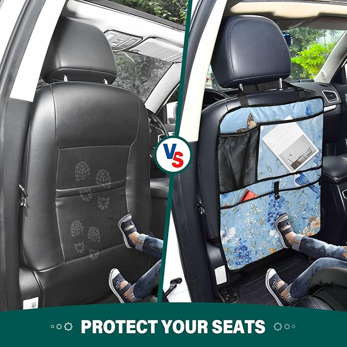 Light Blue Floral Bluebonnet Butterflies 2 Pack Backseat Car Organizer with Storage Pockets Seat Back Organizers for Kids Kick Mats Backseat Protector Automotive