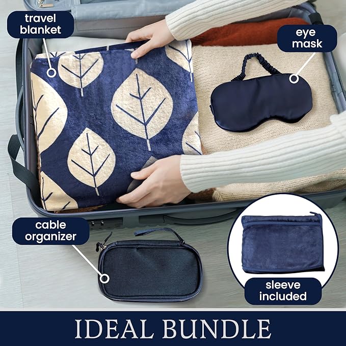 3 Piece Travel Blanket Set with Eye Mask & Cable Organizer , Ultra Soft Flannel Airplane Blanket with Carry Bag , Lightweight, Warm & Compact for Travel, Car, Sofa & Bed , Ideal for Adults & Kids