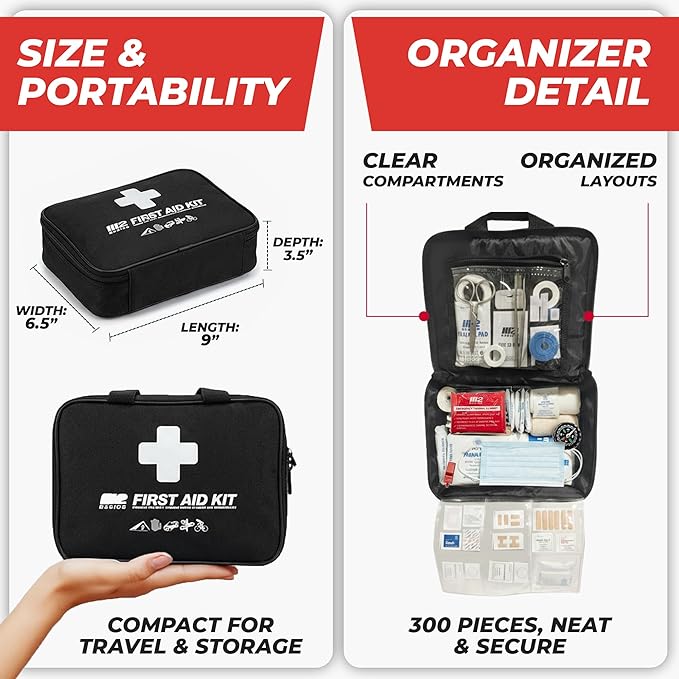 M2 BASICS Premium 300 Piece Professional First Aid Kit, 40 Unique Items, Durable Carry Bag for Home, Car, Business, Travel & Vehicle