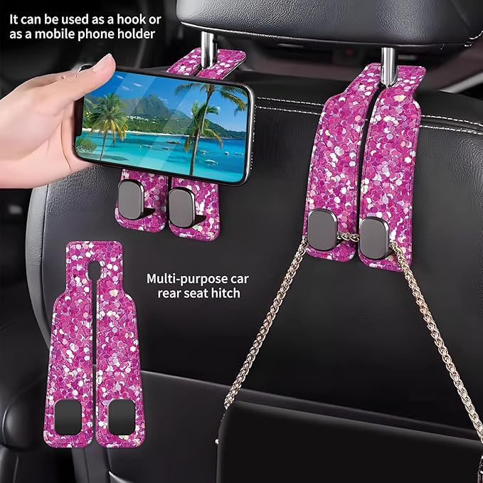 Car Seat Back Storage Headrest Hook, Premium Leather Double Metal Hook, Hanger Storage Organizer for Purse Cloth Bag, Car Interior Accessories Glitter Pink Pattern