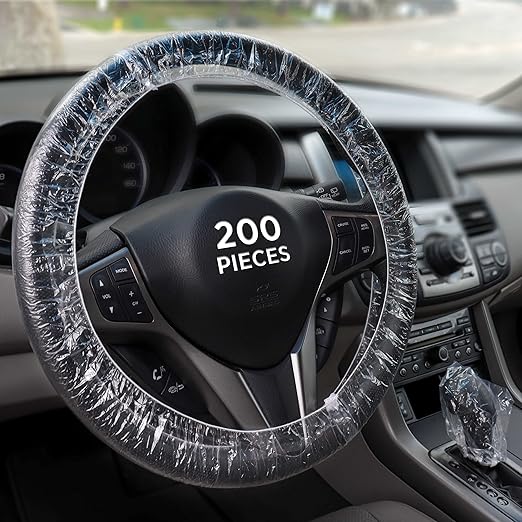 Dura-Gold 200 Piece Set of Disposable Steering Wheel Covers and Gear Selector Shifter Knob Covers - Universal Fit, Clear Plastic with Elastic Bands - Handbrake Cover, Keep Auto Interior Clean