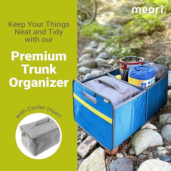 meori Collapsible Trunk Organizer for Car with Cooler for Groceries Road Trips 2 Compartments Heavy Duty Mesh Pocket Ripstop
