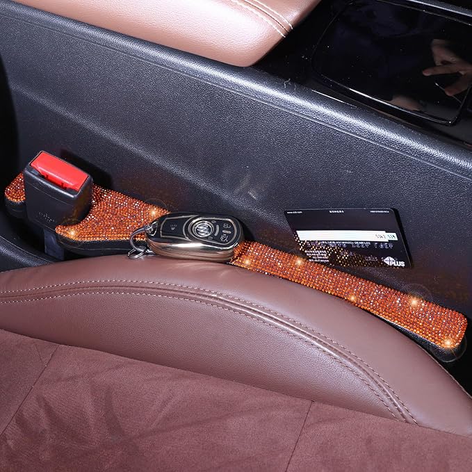 Briwill Orange Car Seat Gap Filler, Set of 2 Handmade Crystal Rhinestone Diamond Orange Gap Filler for Car SUV Truck Orange Glitter Car Accessories(Orange)