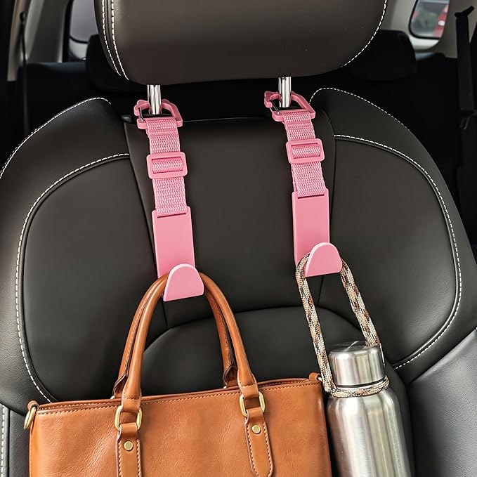 Amooca Car Headrest Hooks 4 Pack Adjustable Universal Fit Auto Seat Back Organizer Storage Hanger Purse Bags Holder with Clip Pink