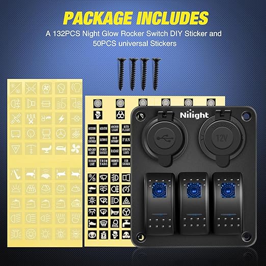 Nilight 3 Gang Rocker Switch Panel Pre-Wired Aluminum with PD Type C and USB Cigarette Lighter Socket Night Glow Stickers 12V 24V ON Off Switches for Car Trucks Boats RVs
