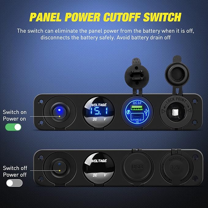 Nilight 4 in 1 ON/Off Charger Socket Panel PD Type C and QC 3.0 USB Power Outlet LED Voltmeter Cigarette Lighter Rocker Toggle Switches for Truck Car Boats RV