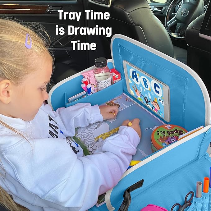 MENZOKE Kids Travel Tray, Car Seat Tray for Kids Travel, Toddler Essentials Girls with Tablet Holder, Road Trip Essentials with Cooler Cup Holder, Dry Erase Board & Storage Pocket for Airplane, Blue