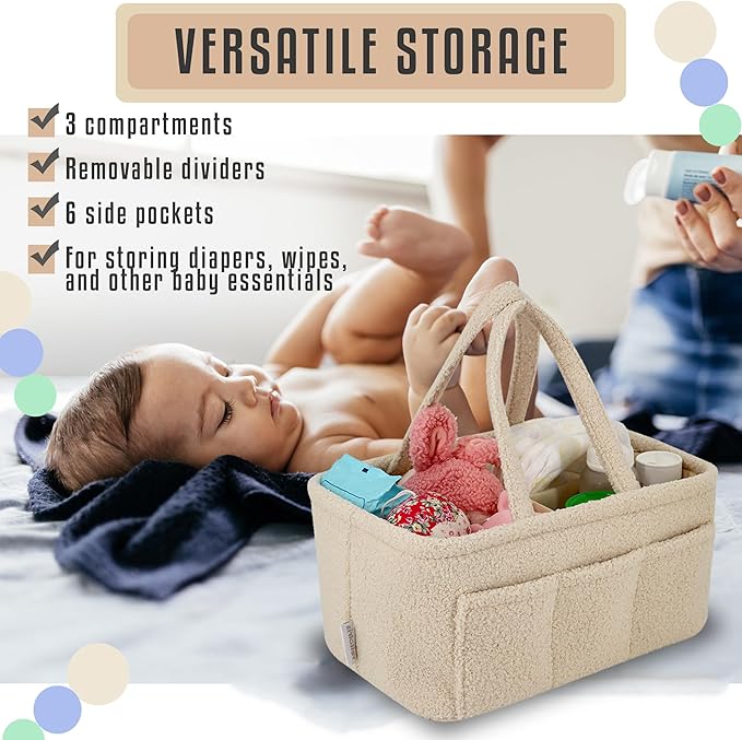 Baby Diaper Caddy Organizer – Soft Beige Sherpa with 3 Removable Compartments & 6 Side Pockets – Perfect Nursery Storage Bin & Car Organizer for Diapers, Baby Wipes, and Essential Supplies.