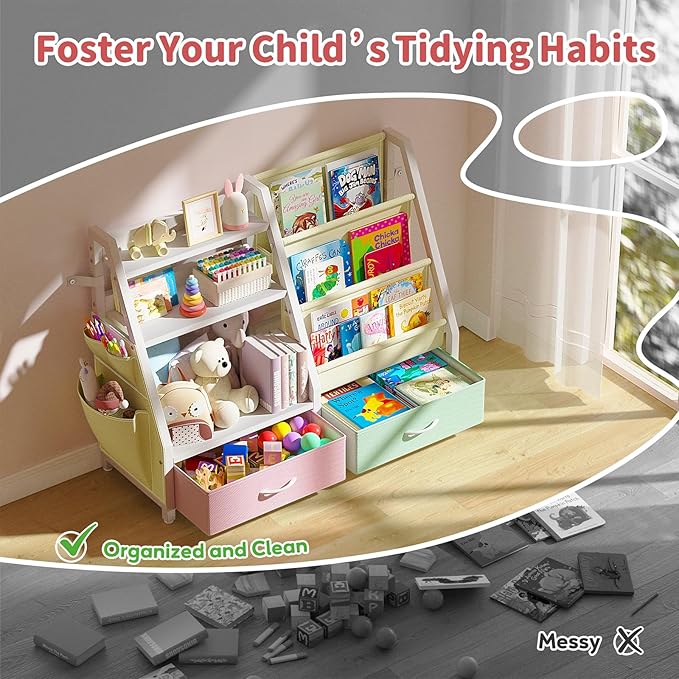 Kids Bookshelf and Toy Storage, Sturdy 3 Tier Kids Bookcase, Sling Bookshelf and 2 Toy Boxes, Toddler Montessori Bookshelf with Toy Organizer, for Kids Room, Game Room, Nursery