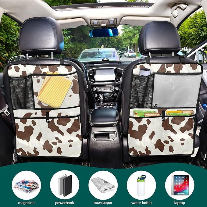 Brown Cow Print 2 Pack Backseat Car Organizer with Storage Pockets Seat Back Organizers for Kids Kick Mats Backseat Protector Automotive