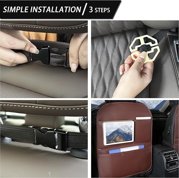 SUTSU Kick Mat Back Seat Protector， Waterproof Leather Car Seat Back Organizers Cover with 3 Storage Pockets for Kids Pets SUV Sedan Minivan Truck Car Travel Accessories (Coffee 2-pack)