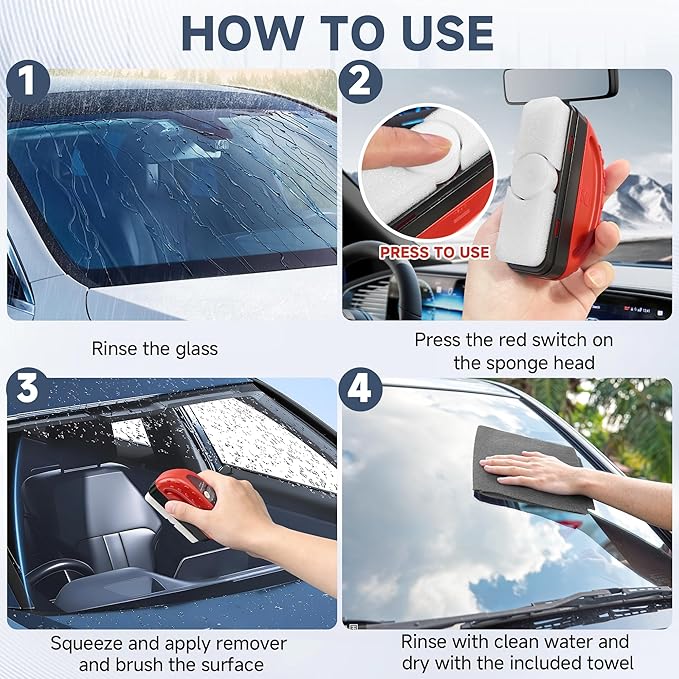 Automotive Oil Film Cleaning Brush for Car Windows Clear Vision Glass Cleaner Removes Oil Film for Crystal Clarity and Anti-Fog, Windshield Oil Film Remover Comes with Microfiber Towel for Car (Red)