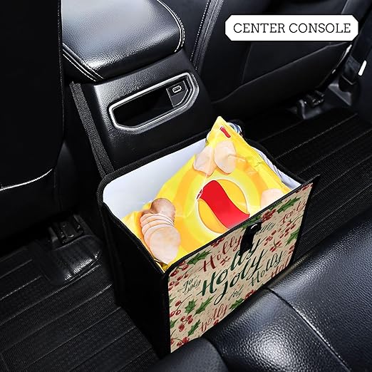Car Trash Can Organizer Bin with Adjustable Strap for Back Front Seat Console Waterproof Leakproof Collapsible Portable 11 Inch Beige Cherries Holly Jolly