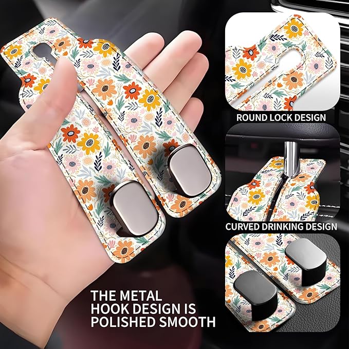Car Seat Back Storage Headrest Hook, Premium Leather Double Metal Hook, Hanger Storage Organizer for Purse Cloth Bag, Car Interior Accessories Colorful Small Flowers