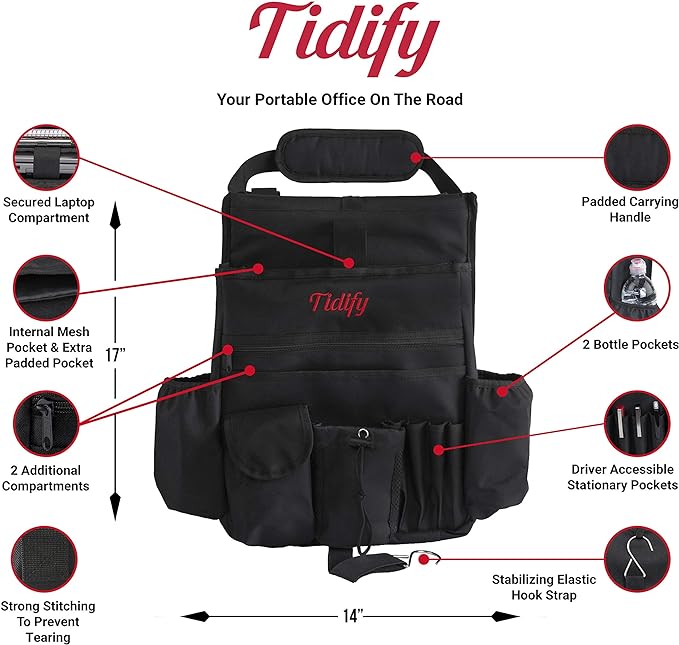Tidify Car Front Seat Organizer [2025 UPDATED] with Dedicated Tablet and Laptop Storage Stabilizing Side Straps Soft Adjustable Shoulder Strap and Hardened Buckles Your Office Away from Office.