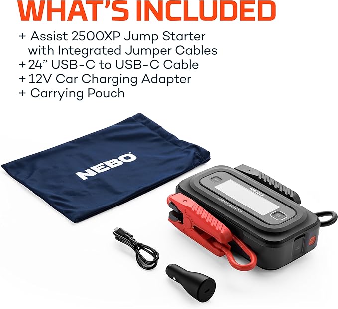 NEBO Assist 2500XP+ Jump Starter | 3-in-1 2500 Amps Jump Starter, Charger, Illuminated Floodlight, USB Compatible, Automotive, Emergency, Spark-Proof Safety