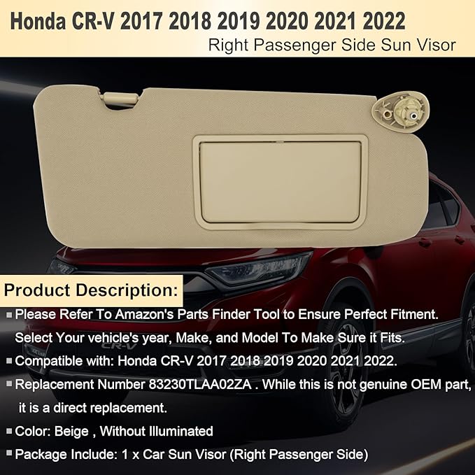 NHILES Passenger Right Side Sun Visor Replacement Fits for Honda CR-V 2017-2022 Sunshade Without Light 83230TLAA02ZA Color: Beige