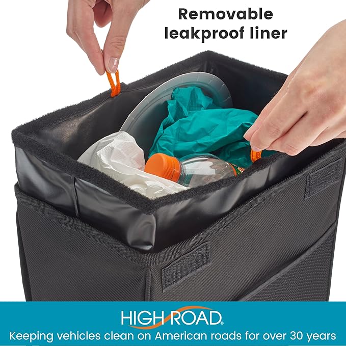 High Road TrashStand Weighted Car Trash Can with Lid and Removable Leakproof Liner - Universal Fit Behind Center Console in Back Seat - Holds 2 Gallons of Car Garbage
