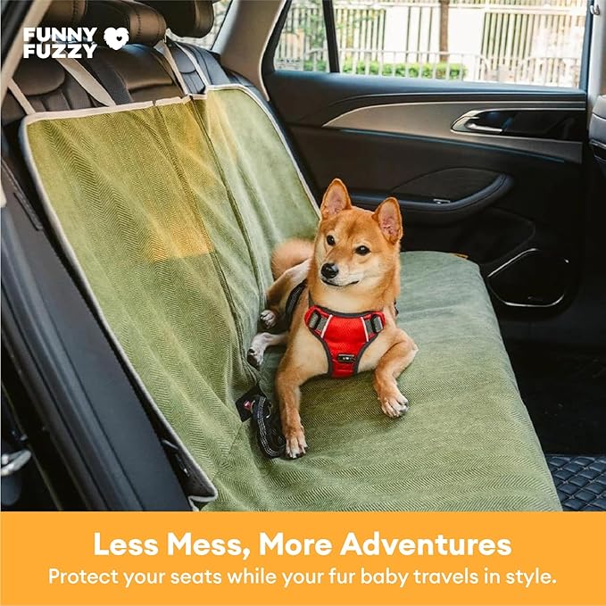 FUNNY FUZZY Dog Car Seat Cover for Back Seat, Back Seat Pet Cover for Dogs Waterproof, Scratchproof Dog Backseat Cover, Non-Slip Bench Car Seat Protector, Universal Fit Most Cars, SUVs, Trucks, Green