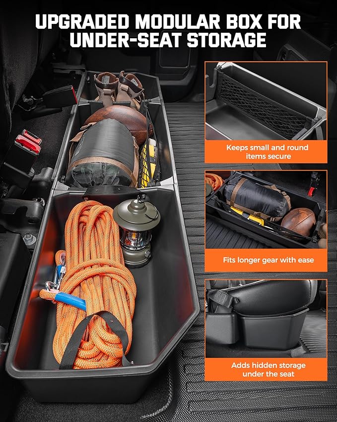 DiffCar® Truck Underseat Storage for Ford F150: 2015-2026 SuperCrew/Crew Cab, Rear Under Seat Organizer Tool Box Car Accessories for Ford F-150 F250 F350 F450 F550 Super Duty(w/Detach Bin & Mesh Net)