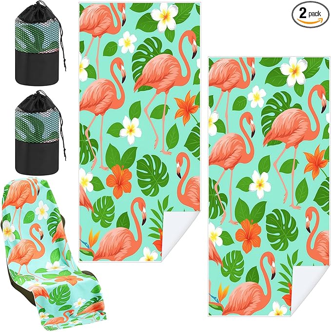 Hahafelt 2 Pack Car Seat Towel Covers with Storage Bag 63 x 32 Inch Athletic Running Towel Seat Sweat Washable Non Slip Cover Gift for Car Outdoor Sport Activities (Green Leaf Flamingo)