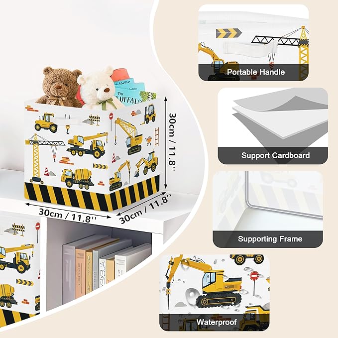 Clastyle 3 pcs Cars Cube Storage Unit Bin with Metal Frame Foldable Kallax Box for Shelves Parents Closet Organizer Basket for Book Clothes Toy Organizer, Yellow Vehicle, 11.8x11.8x11.8 in