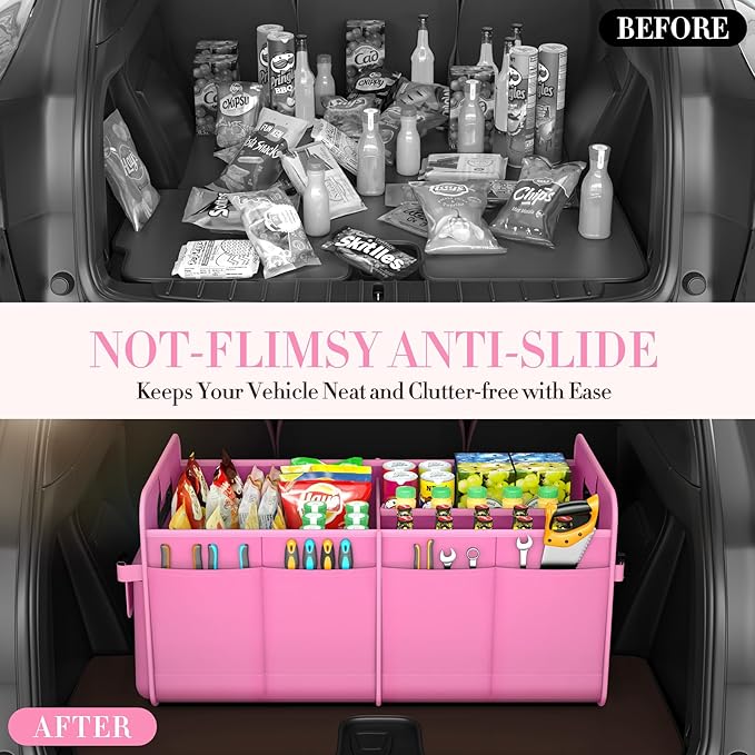 Trunk Organizer For Suv & Sedan,Car Organizers and Storage, Waterproof Collapsible & Adjustable Straps,70L Sturdy Car Organization for Car Accessories, Tools,Sundries,2-3 Compartment（Pink