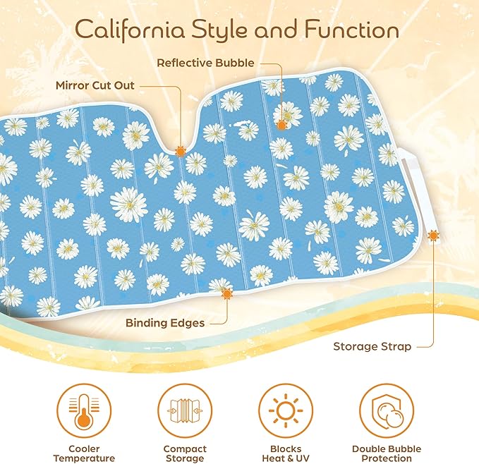 C&C Blue Daisy Car Windshield Sun Shade - Sun Visor Sunshade for Car Windshield - Window Shades for Cars, SUV & Truck - Dash Cover UV Protection for Front Window Shade Accessories - 57" x 27"