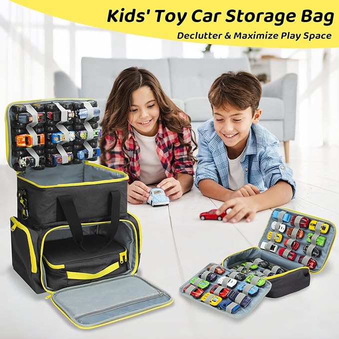 KISLANE Tote Toy Cars Storage Bag with Inner Pouches – Holds 96 Cars and 24 Monster Trucks, Toy Cars Organizer Storage for Matchbox, Monster Trucks (Yellow)