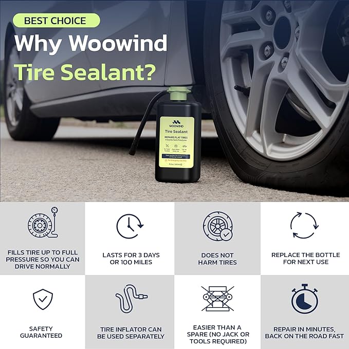 Woowind Tire Repair Kit with Tire Sealant & Portable Tire Inflator, 150 PSI Cordless 12V DC Bike Pump, Emergency Air Pump for Tires with LED Display & Light for SUV Offroad Truck Bike Motorcycle