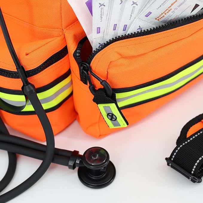 Lightning X Mid-Sized First Responder EMT Bag | LXMB25 | Fully Stocked w/ 240+ First Aid, EMS & Trauma Supplies - Orange