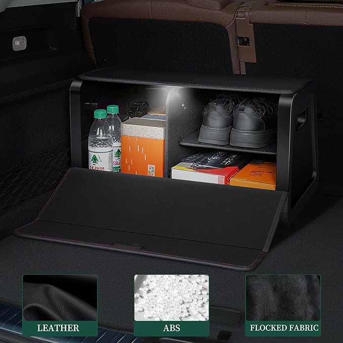 Car Trunk Organizer for SUVs & Sedans,Leather Storage Box,Magnetic Lid,Collapsible and Adjustable,Extra Large,Magnetic Induction Lamp,Black