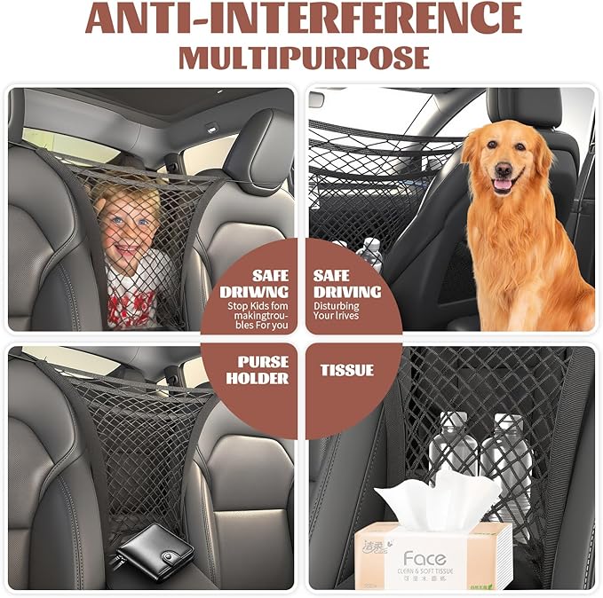 KVI Pet Car Barrier Mesh Net - Universal Fit for Cars/SUVs/Trucks, Tesla Model 3/Y/X Compatible Stretchable Storage Organizer Crash Tested Dark Black