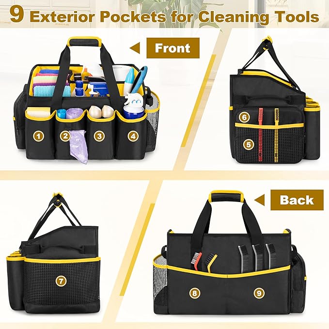Extra-Large Cleaning Caddy Organizer with Handle, Cleaning Supplies Tote Bag Built-in Support Boards, Cleaning Tool Organizer for Cleaners, Housekeepers, Kitchen Cleaning Supplies