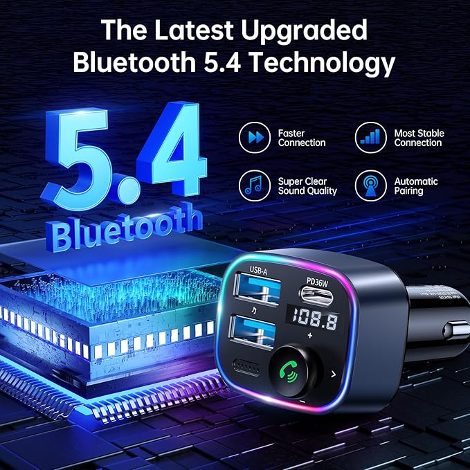 Syncwire Bluetooth 5.3 FM Transmitter Car Adapter 48W(PD 36W & 12W) [Light Switch] [Hi-Fi Deep Bass] [Fast Charging] Wireless Radio Music Adapter LED Display Hands-Free Calling Support USB Drive