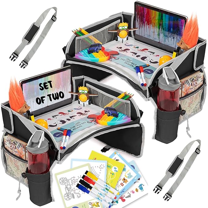 PILLANI Kids Travel Tray for Car - Carseat Tray w/iPad Holder & Dry Erase Board, Road Trip Essentials - Toddler Lap Desk Organizer for Airplane - Roadtrip Activities & Travel Essentials - Pack of 2