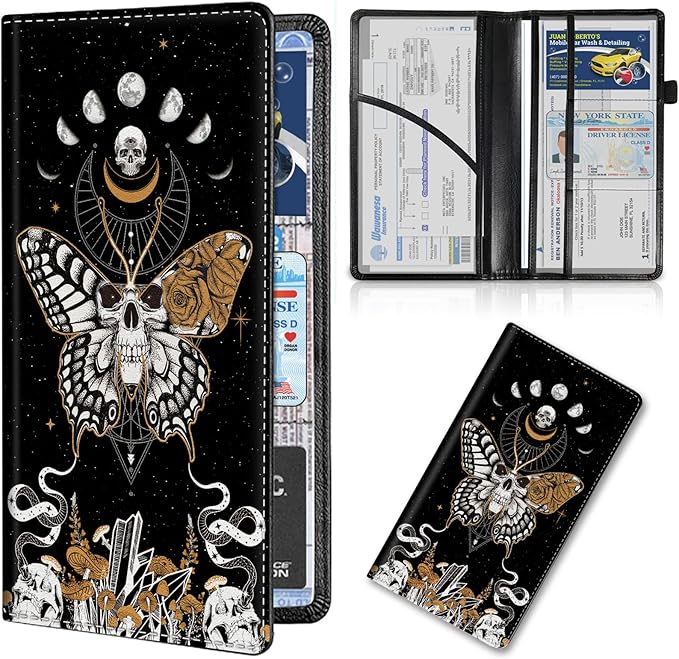 Car Registration and Insurance Card Holder, Premium PU Leather Vehicle Wallet Cover for Glove Box Car Organizer Drivers License / Cards / ID Essentials Document Holder, Skull Butterfly Moon Phase