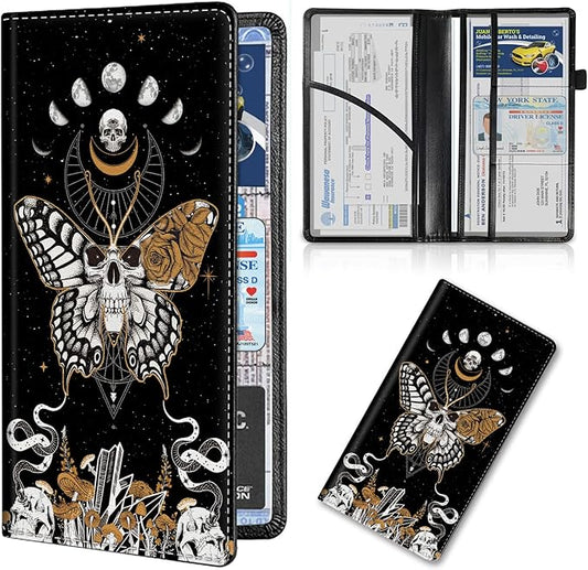 Car Registration and Insurance Card Holder, Premium PU Leather Vehicle Wallet Cover for Glove Box Car Organizer Drivers License / Cards / ID Essentials Document Holder, Skull Butterfly Moon Phase