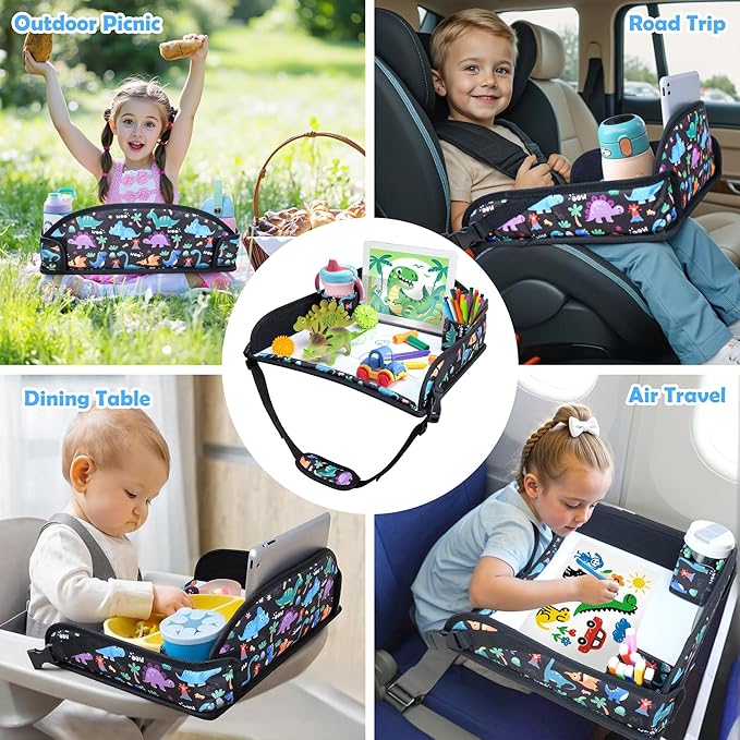 Kids Travel Tray for Toddler Carseat, Road Trip Activities Essentials for Toddler, Kids Travel Lap Desk Tray with Holder Stand ＆ Dry Erase Board (Dinosaur)