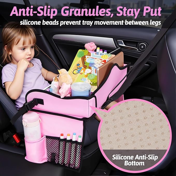 OUOZZZ Kids Travel Tray for Car - Girl's Safety Seat Table, Toddler Road Trip Essentials - Carseat/Airplane Lap Desk with Weight-Relief Strap, Non-Skid Silicone Base, Waterproof Dining/Craft Mat