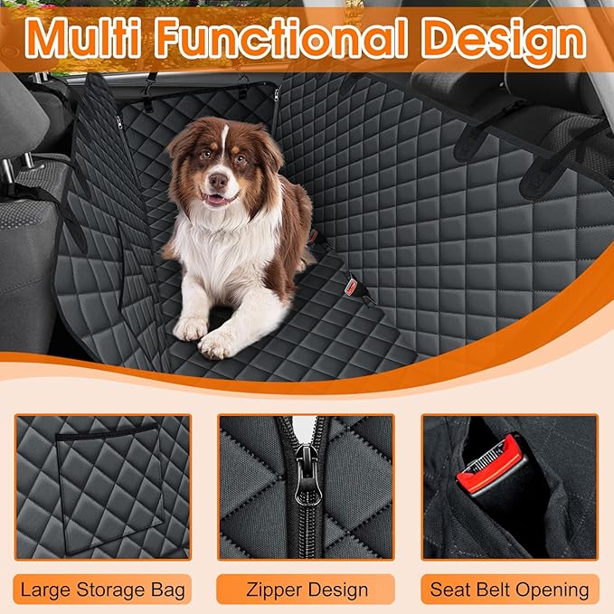 NECKORY Waterproof Dog Car Seat Cover for Back Seat - Durable, Scratch Proof Pet Hammock with Nonslip Design & Storage Pockets, Fits Cars, SUVs, Trucks - L, Black